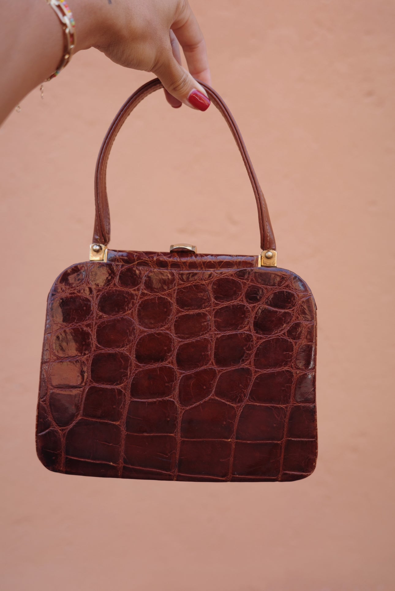 Vintage 1940s Glossy Toffee Crocodile Skin Handbag